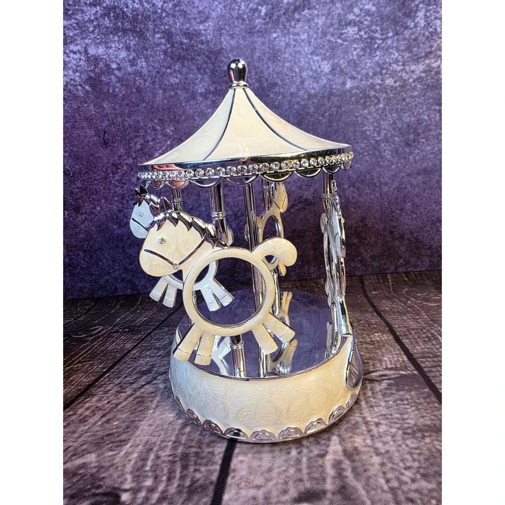 TR Carousel Horse Rotating Multi Photo Frame Silver Cream Enamel Nursery Decor